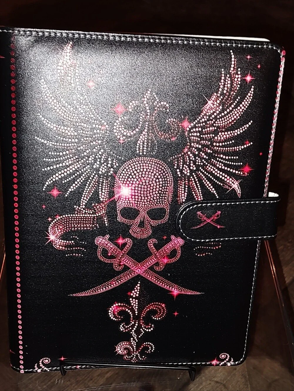 New! A6 PU Soft Leather Black Journal with Pink Rhinestone Skull & Wings